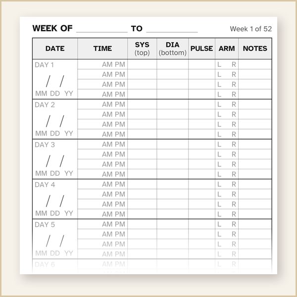 Weekly blood pressure page with large boxes for morning and evening readings