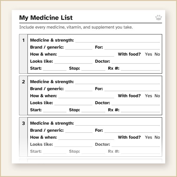 Medicine list page from the Medication Log Book