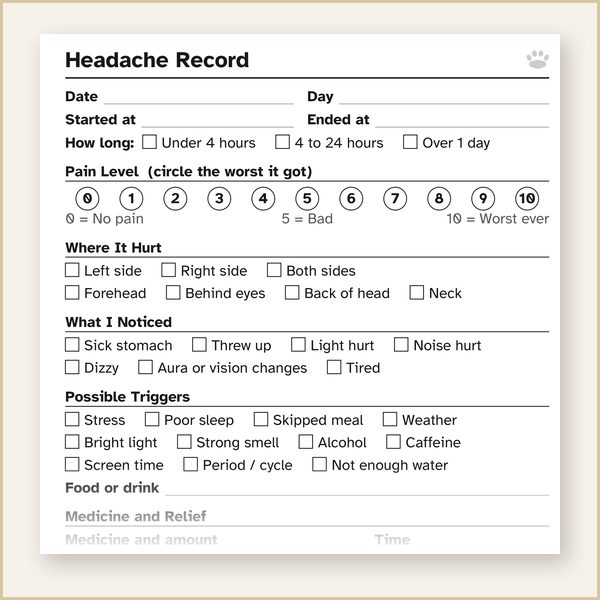 Headache record page from the Migraine and Headache Log Book