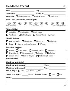 First page of the free Migraine & Headache Log Book sample