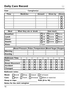 First page of the free Caregiver Daily Log Book sample