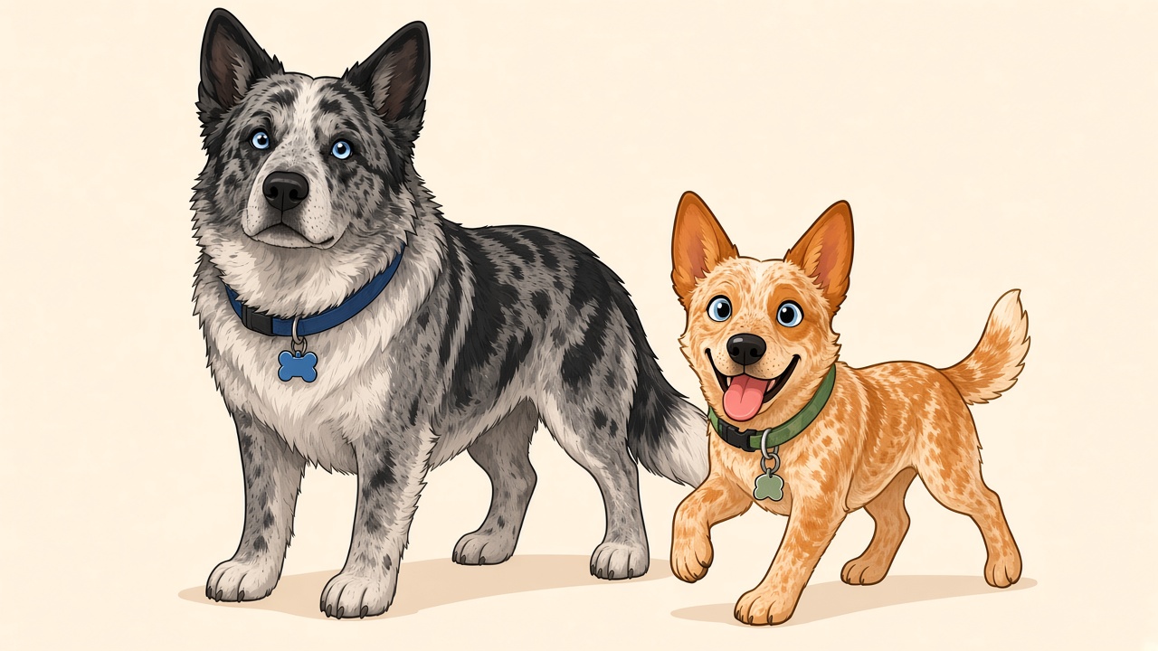 Beasty Boy, a large merle dog with a calm expression, standing beside Maya, a smaller red-speckled puppy with a joyful smile
